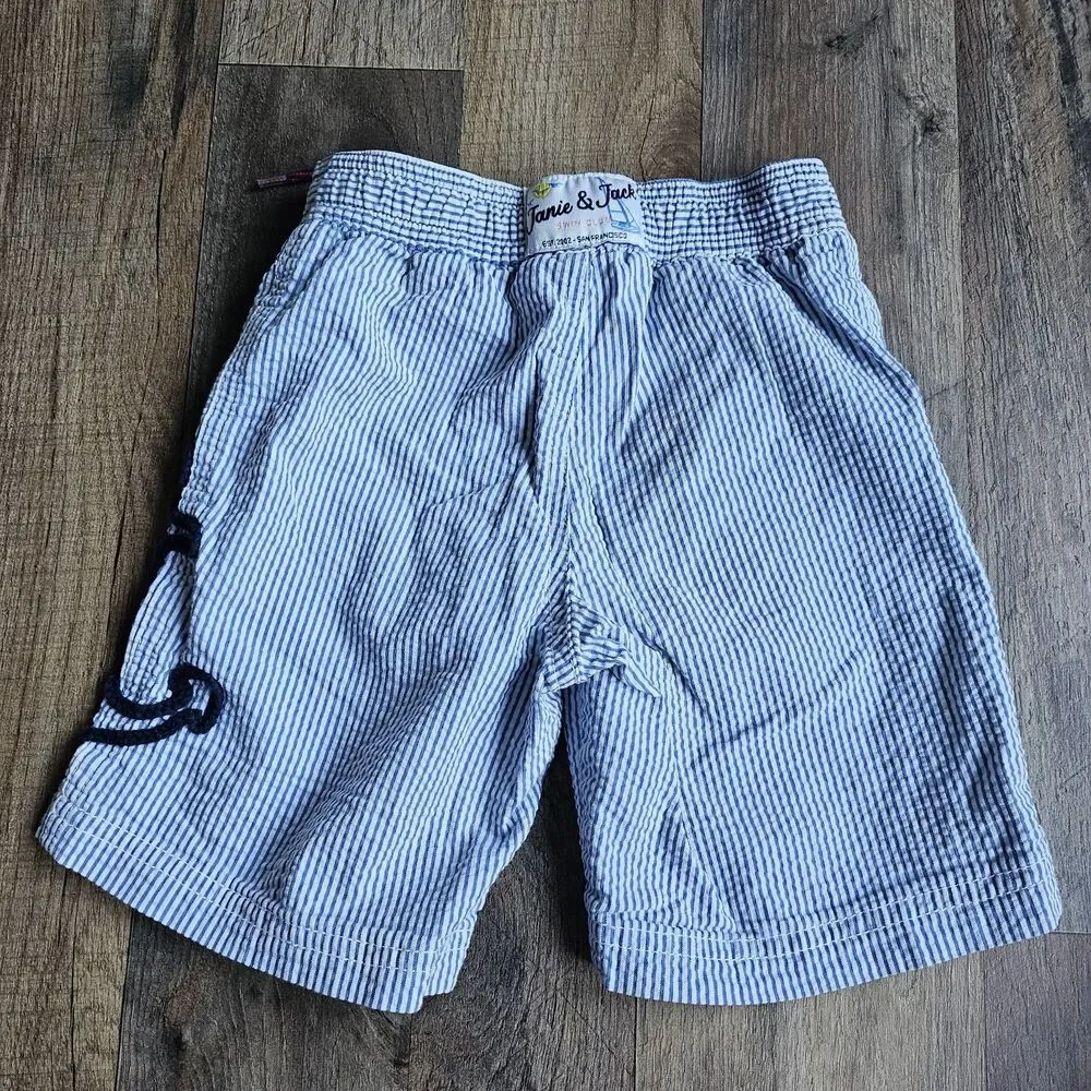 Janie and Jack Nautical Seersucker Swim Trunks Anchor Blue White 3T